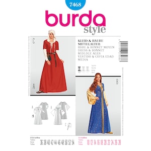 May include: Burda Style sewing pattern number 7468 for a medieval dress and bonnet. The pattern includes instructions for sizes 36 to 54 in European sizes and 10 to 28 in US sizes. The image shows a red dress and a blue dress with gold trim.