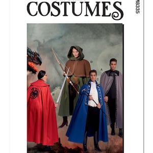 May include: McCall's Costumes pattern M8835 for four fantasy capes. The pattern includes a red cape with a dragon design, a green hooded cape, a blue cape with gold trim, and a gray cape with black trim.