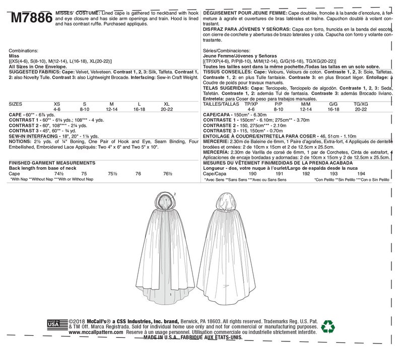 NEW Mccalls Ladies Cloak Cape Pattern M7886 Uncut Sizes Xsm-xlg 18th ...