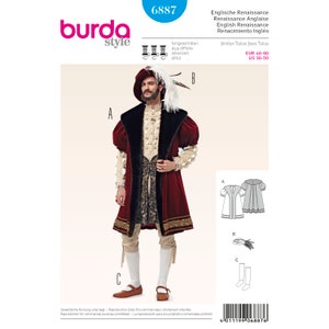 May include: A sewing pattern for a red and black Renaissance-style costume. The pattern includes instructions for a long coat, a shirt, and boots. The pattern is for sizes EUR 46-60 and US 36-50.
