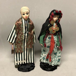 Rare OOAK 2 Egyptian Muslim Ethnic Cloth Dolls Man w/Koran Book & Woman and Stands