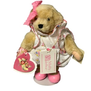 1982  Muffy Vanderbear Jointed Teddy Plush 8” with Tags and Stand in Pink Valentine Dress, Hearts and Flowers.