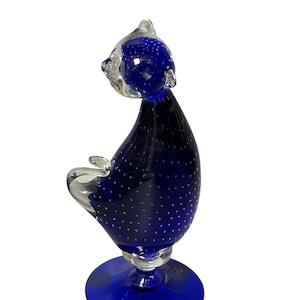 Murano Art Glass Seated 6.5&quot; Cat Cobalt Blue Suspended Bubble - Murano Label