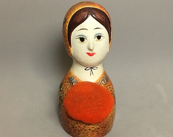 60s Gemma Taccogna Mexico Style Lady Head Pin Cushion and Bank Folk Art, Japan
