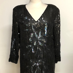 Vestido de seda preto vintage dourado estrela forrado coquetel miçangas lantejoulas mangas compridas tamanho grande