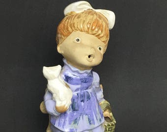 60s UCTCI Modern Danish Style Glazed Japanese Stoneware Girl Figurine in Blue Dress and Bucket