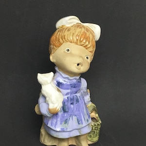 60s UCTCI Modern Danish Style Glazed Japanese Stoneware Girl Figurine in Blue Dress and Bucket