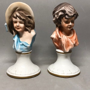 Capodimonte Pair Bust Figurines Boy and Girl with Hat on Pedestal for Ethan Allen Signed Nico Venzo Numbered
