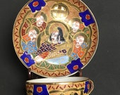 Moriage Satsuma Embossed Heavy Gold Eggshell Porcelain Teacup Set with God and Immortals Design