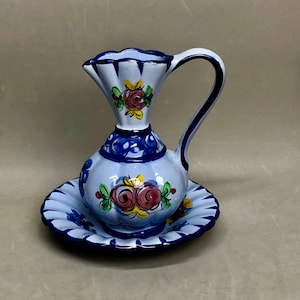 Collectible Hand Painted Blue Pitcher And Bowl Floral Design Made In Madein, Portugal