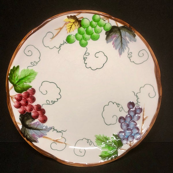 10.5" Collectible Porcelain Plate 3 Grapes Design Brown Trim