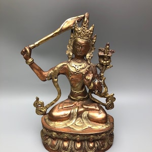 Bronze Metal 9&quot; Nepal Hindu Buddhist Sitting God Sculpture with Spear and Blessing Hand