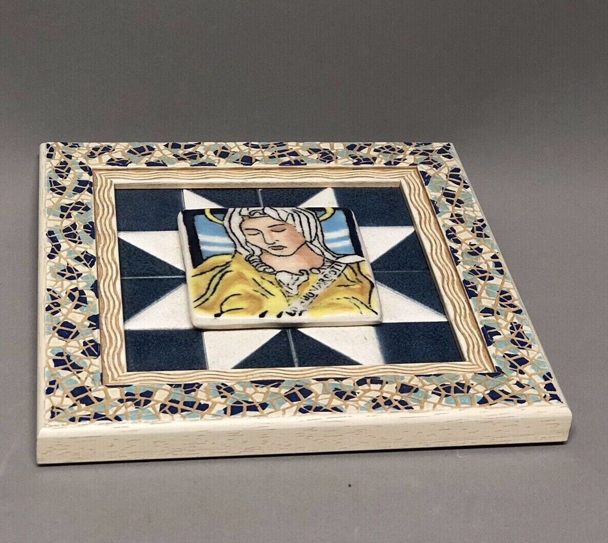 Unique Virgin Mary Ceramic in Mosaic Blue and White Tile Wall - Etsy
