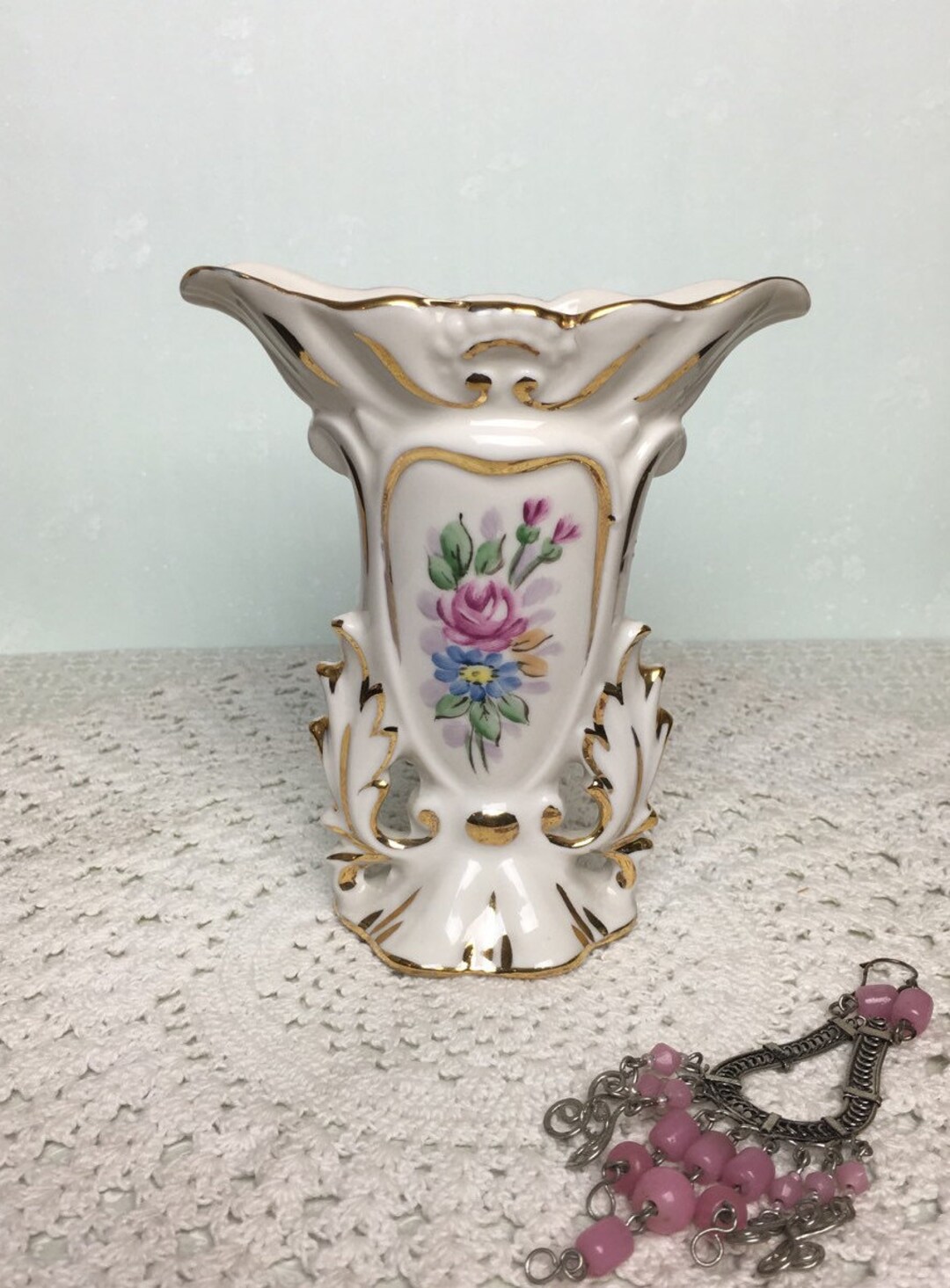 Vintage Weisley China Porcelain Vase With Hand Painted Flowers and