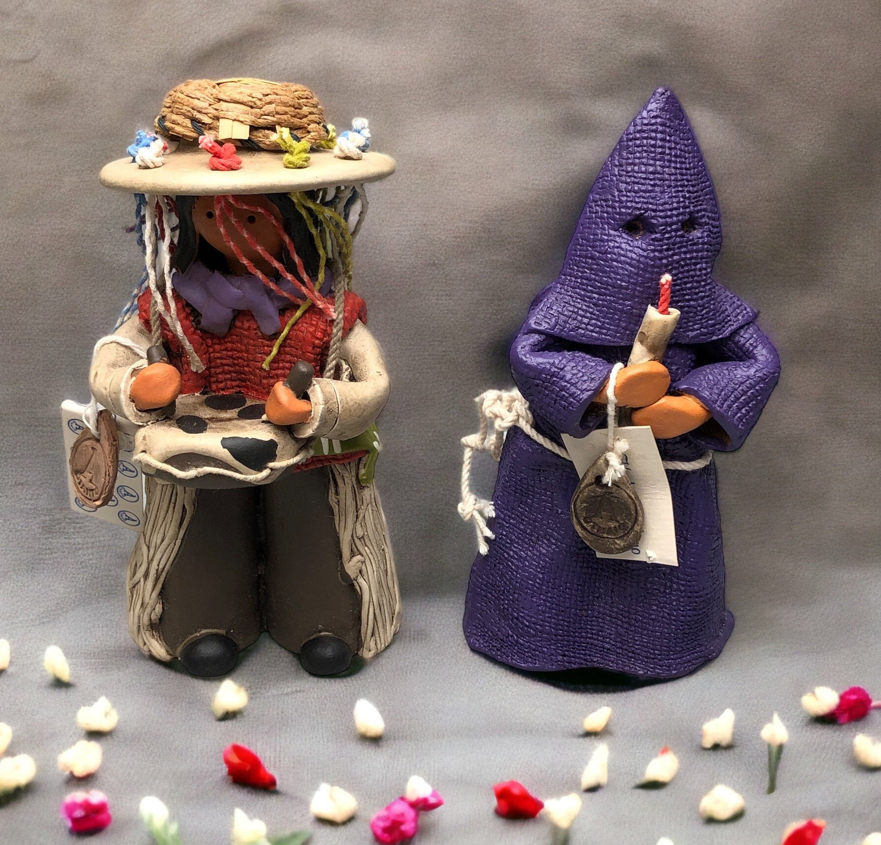 Set of 2 Rare Dianto Clay Figurines from Ecuador Danzante Canari Drummer & Purple Hooded Monk with Candle Both have Hang Tags.