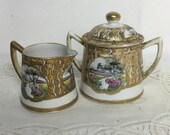 FREE SHIPPING - Stunning Antique Imperial Nippon Creamer Pitcher and Sugar Bowl with Lid Beaded Moriage Hand-Painted Landscape Set Antique