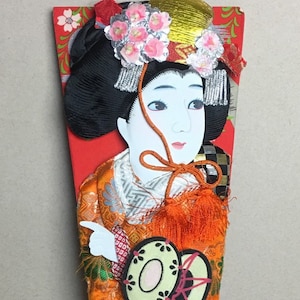 16&quot; Japanese Hagoita Geisha Wooden Paddle Ornamental Fan 3D Woman with Hat DollArt
