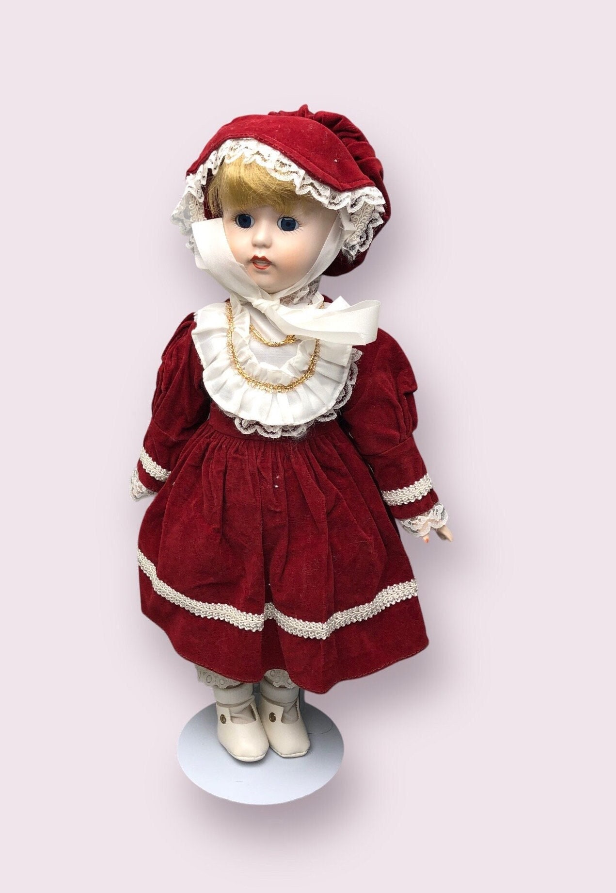 Bambola Di Porcellana D'epoca: Alta Da Collezione In Abito Vittoriano Bordeaux - Italia - 10