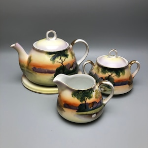 Set Nippon Teapot, Lidded Sugar Bowl, Creamer, Trivet,  Japan HandPainted Landscape