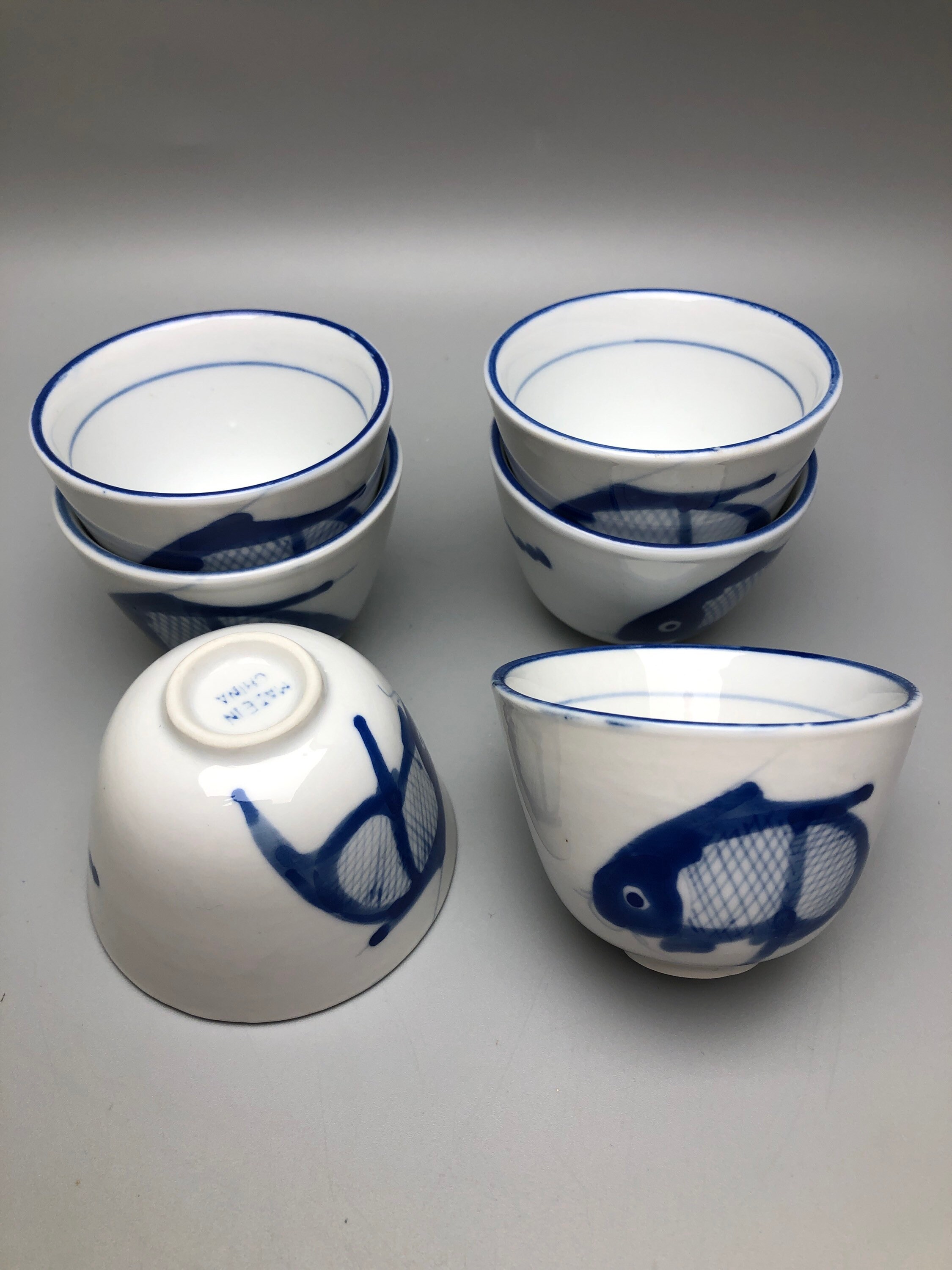 Ceramic Asian Teapot Bamboo Handle and 6 Cups Set Blue Koi Etsy