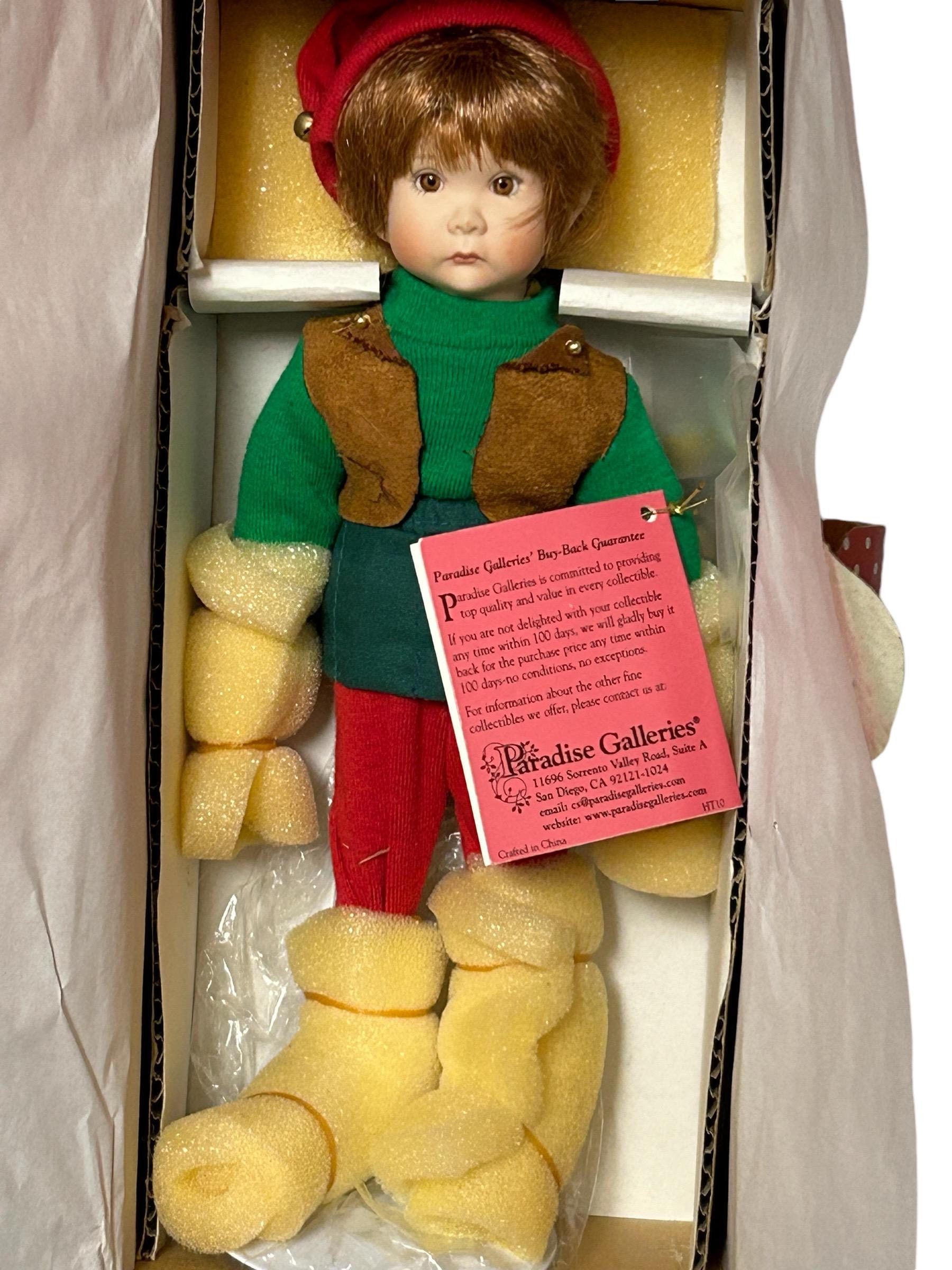 NEW Paradise Galleries Treasury Collection Premiere Edition Christmas Boy Elf Doll with Stand, Tag and Box