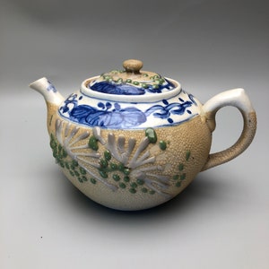 Unique Small Asian Ceramic Teapot Textured and Embossed Design with Ceramic Filter