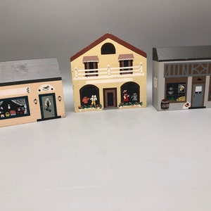 Set of 3 Wooden Block Houses Shelf Sitter Hand Painted Signed Marilyn