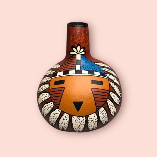 1989 RON RIVERA Native American Pueblo Sun Chief Signed Dated Gourd 5” - Southwest Art - Ocate NM