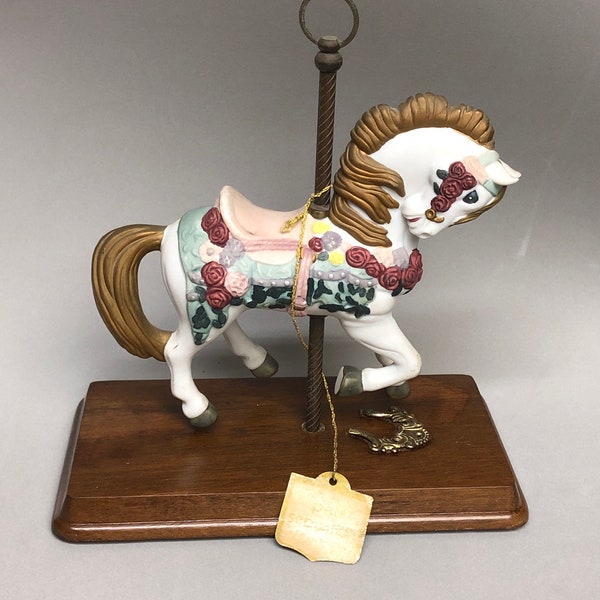 Paul Sebastian Ceramic White Carousel Horse with Flowers and Gold Mane and Tail on a Wooden Base and Pole