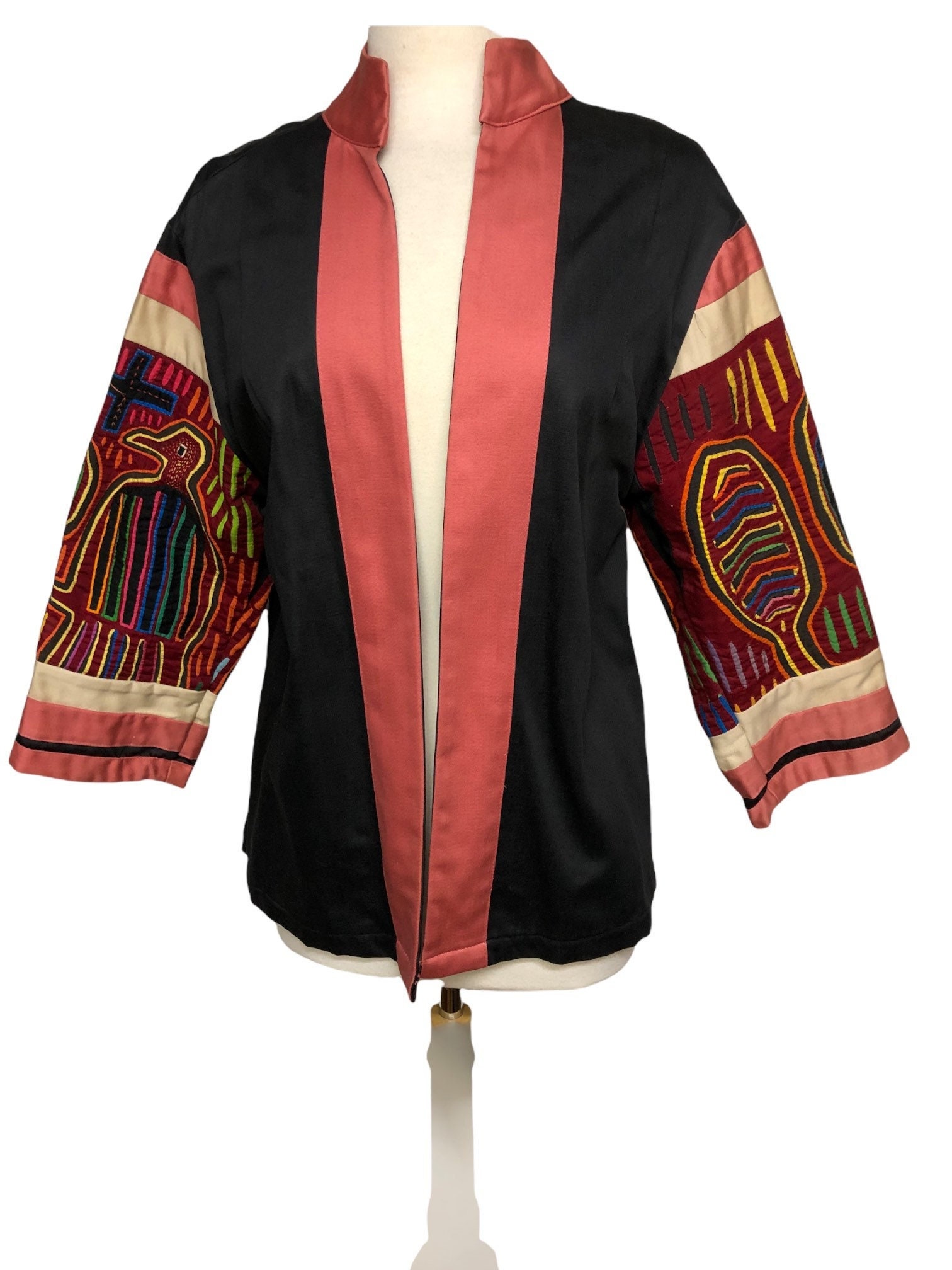 Unique 70's Crossroads MS Black and Mauve Open Jacket Panama Mola Hand Applique Bird and Face Motif - Sz M