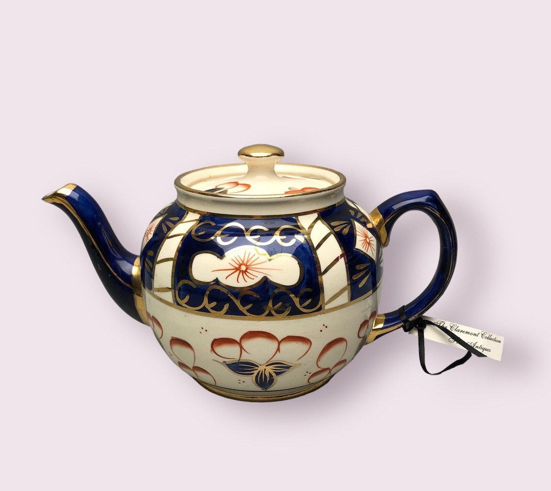 Rare Sadler Imari Style Teapot Hand Painted Cobalt Blue & Gold With Lid