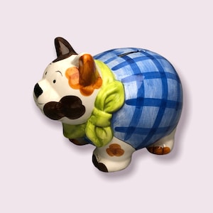Ceramic Cat Bank with Green Bow Blue Checkered  - Shabby Chic Decor - Girl Room Decor
