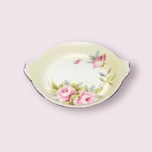 Nippon Antique Candy Dish Bowl Hand Painted Gold Trim Pink Roses Design Handles