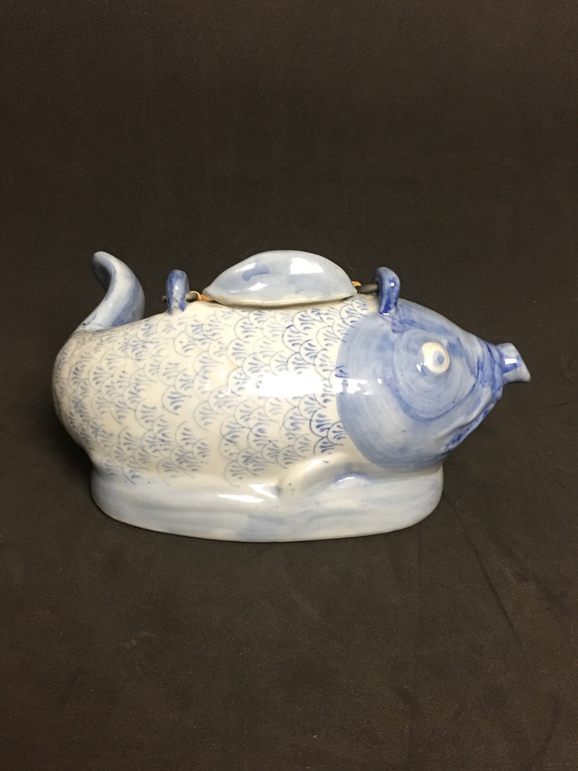 Koi Fish Teapot Asian Porcelain Hand Painted Blue White China Etsy