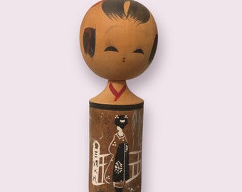 5" Vintage Kokeshi Doll - Wooden Japanese Dollwith Geisha Painting on Body