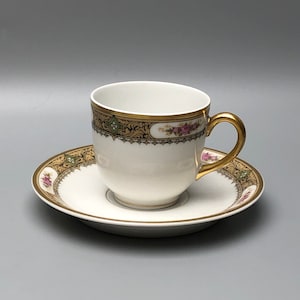 Limoges Vignaud France Demitasse and Saucer Set Gold and Floral Design, for L. Bamberger & Co - Art Deco Style