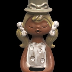 60s  UCTCI Clay Glazed Japanese Stoneware Girl Figurine in Blue Pottery Holds Flower Pot