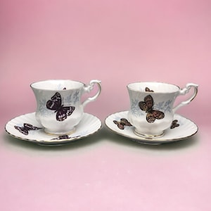 Set of 2 Royal Dover Bone China Teacup and Saucer Set Butterfly Motif Gold Trim
