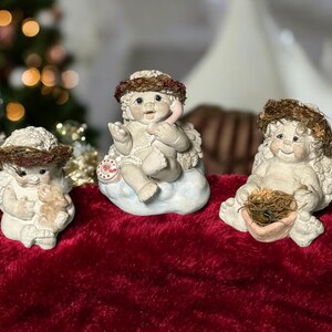 Set of 3 Dreamsicles Angels Cast Art Signed Kristin&#39;s Chatter Box, Angel with Bunny and Angel with Pink Heart Box