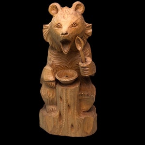 BOGORODSKOYE Hand Carved Wooden Russian 7.5&quot; Bear With Bowl and Spoon made in USSR