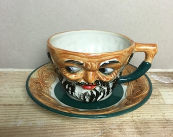 FREE SHIPPING - Murray Kreiss Unusual Pottery Ceramic Toby Mug Teacup and Saucer Set - 1950 Japan