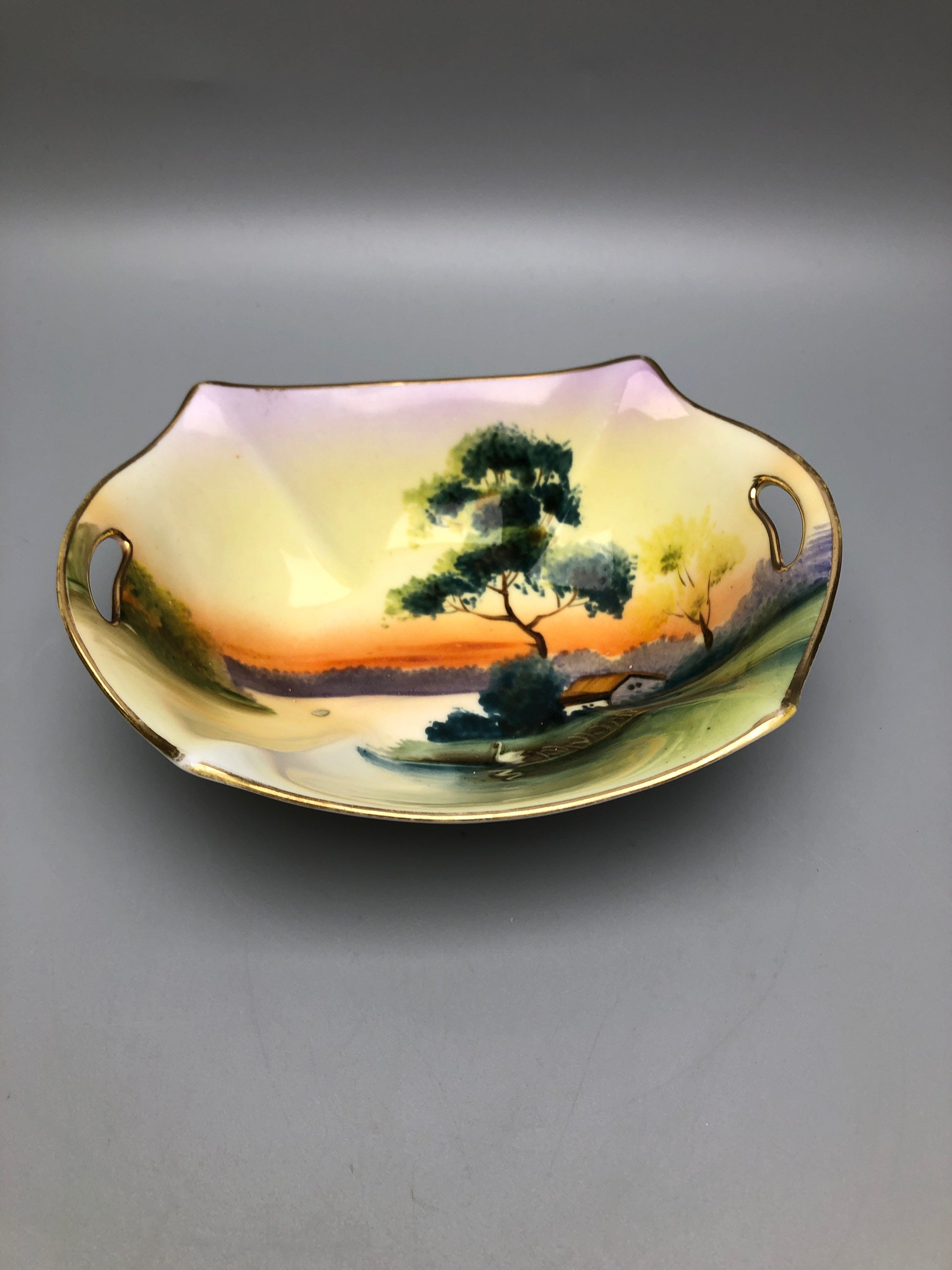 Nippon Antique Morimura Noritake Candy Dish Hand Painted Gold Trim