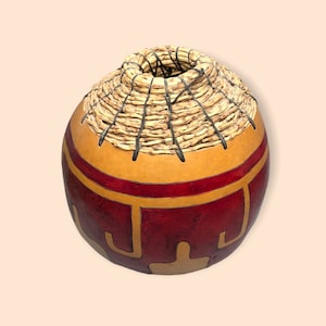 Signed Artist D. Week Carved and Painted 7&quot; x 9&quot; Gourd Southwest Design Textured Top