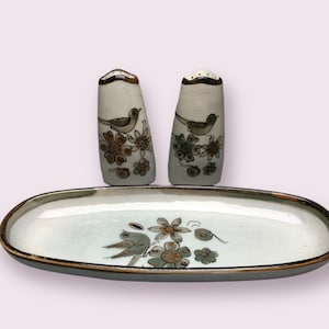 Ken Edwards Pottery Oval Tray and Salt Pepper Shakers Set Bird Flowers El Palomar Mexico Folk Art
