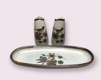 Ken Edwards Pottery Oval Tray and Salt Pepper Shakers Set Bird Flowers El Palomar Mexico Folk Art