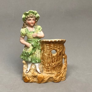 Antique Bisque German? Figurine Girl in Green Dress By Tree Trunk Flower Pot #3797