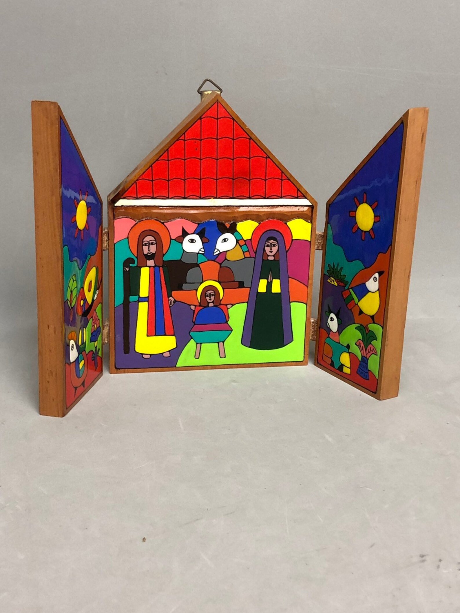 Folk Art Nativity Scene Hand Painted Trifold Colorful Wood Etsy