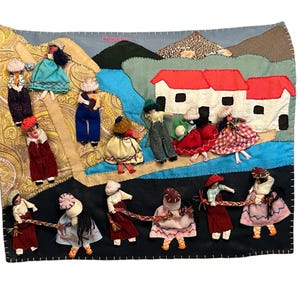 12&quot; x 17&quot; Cotton Appliqué 3D Folk Art Arpilleras Wall Hanging Fabric Art Handmade in Peru - Fiesta Scene