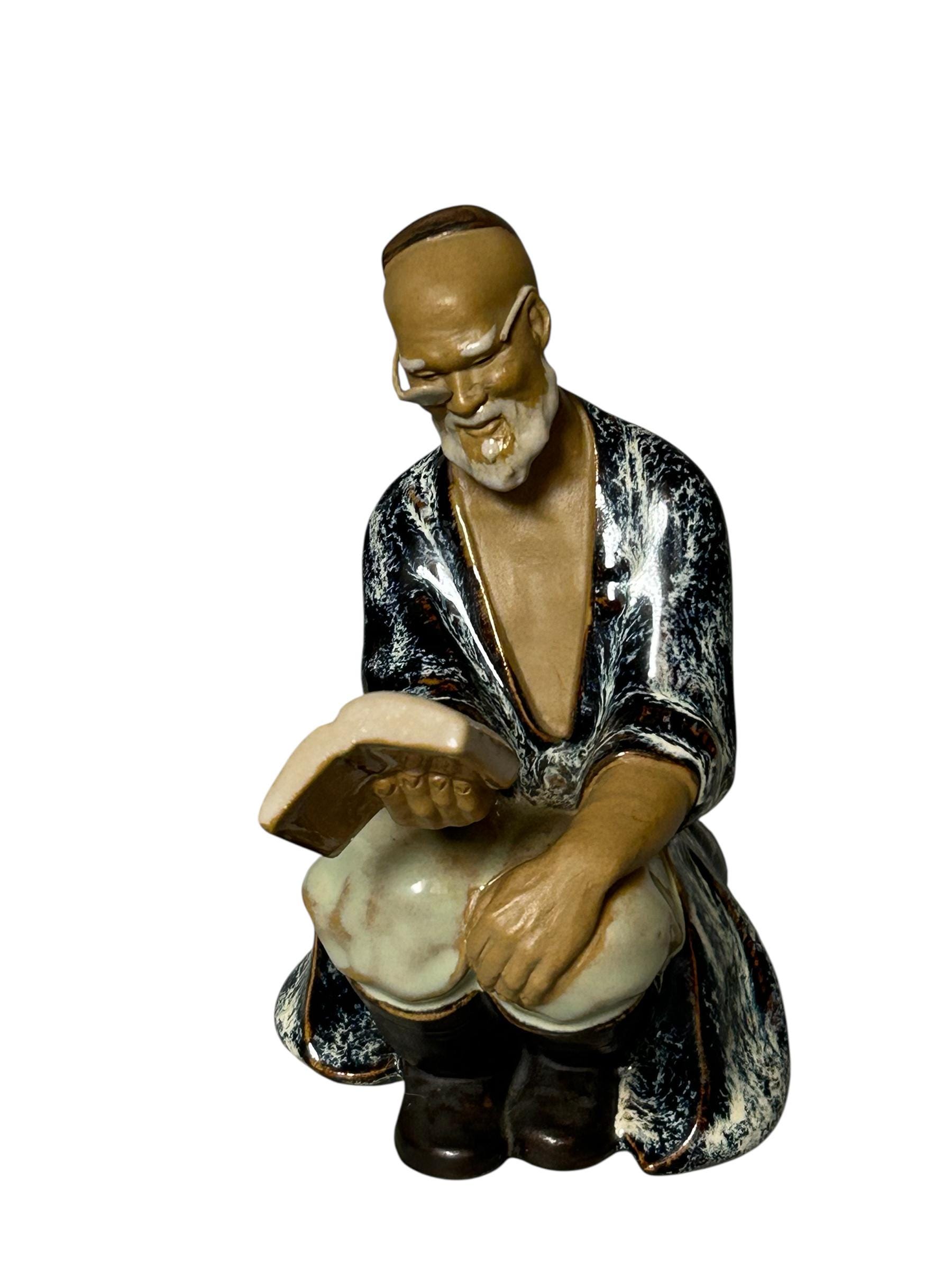 80's Chinese Old Man Shiwan Pottery 5.5" Seated Figurine Mud Man Reading