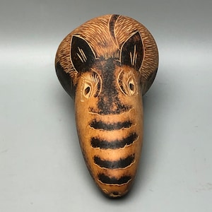 5&quot; Gourd Hand Carved Peruvian Zebra Carving FolkArt Seeds Rattle